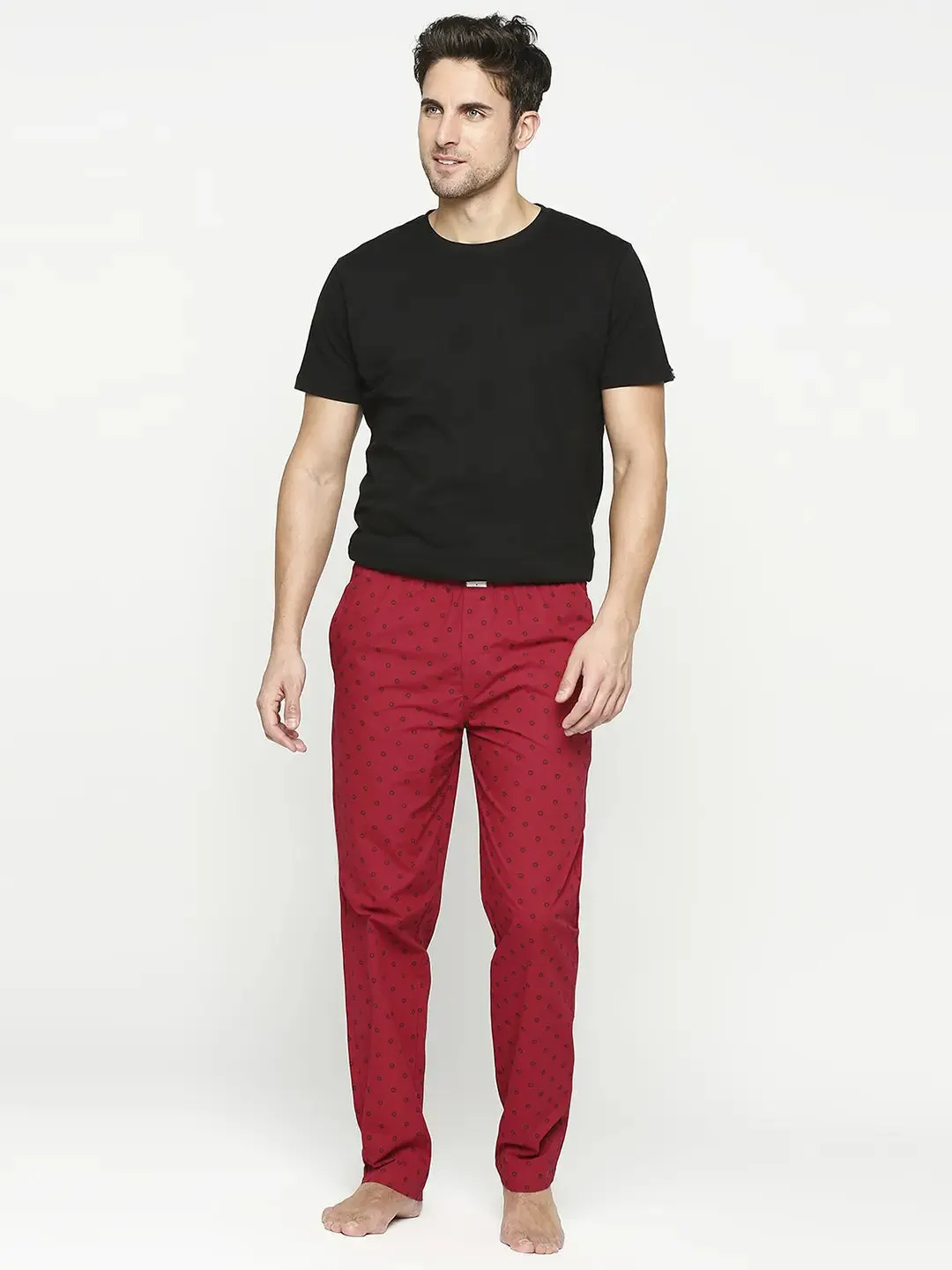 Men Premium Cotton Printed Maroon Pyjama- Underjeans By Spykar