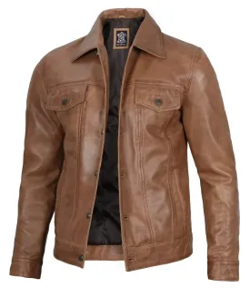 Men's Camel Brown Leather Trucker Jacket