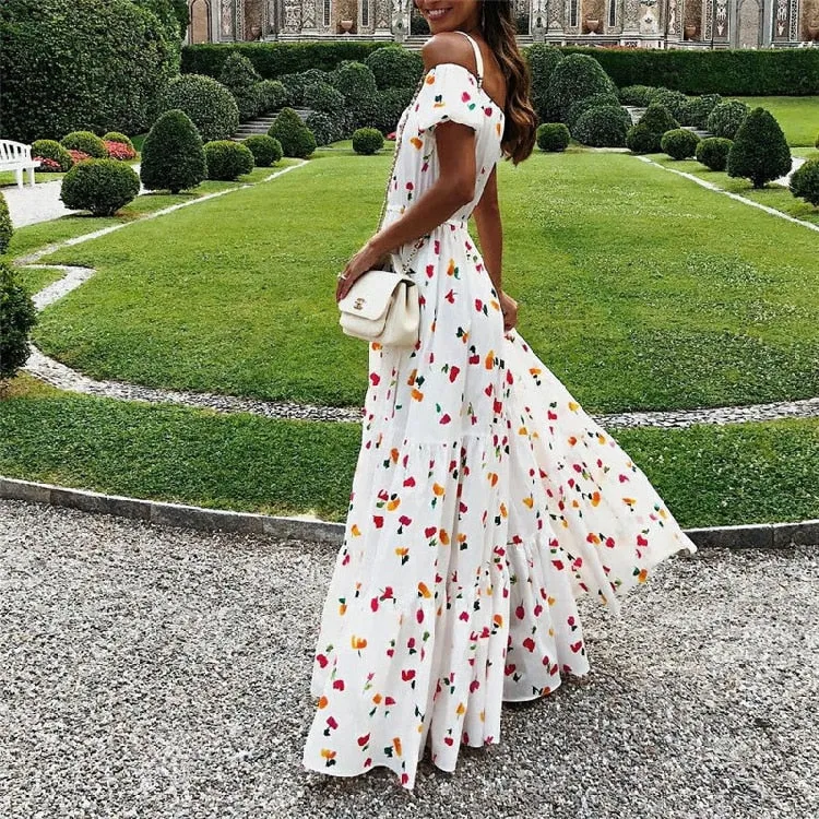 Off Shoulder Flower Print Maxi Dress