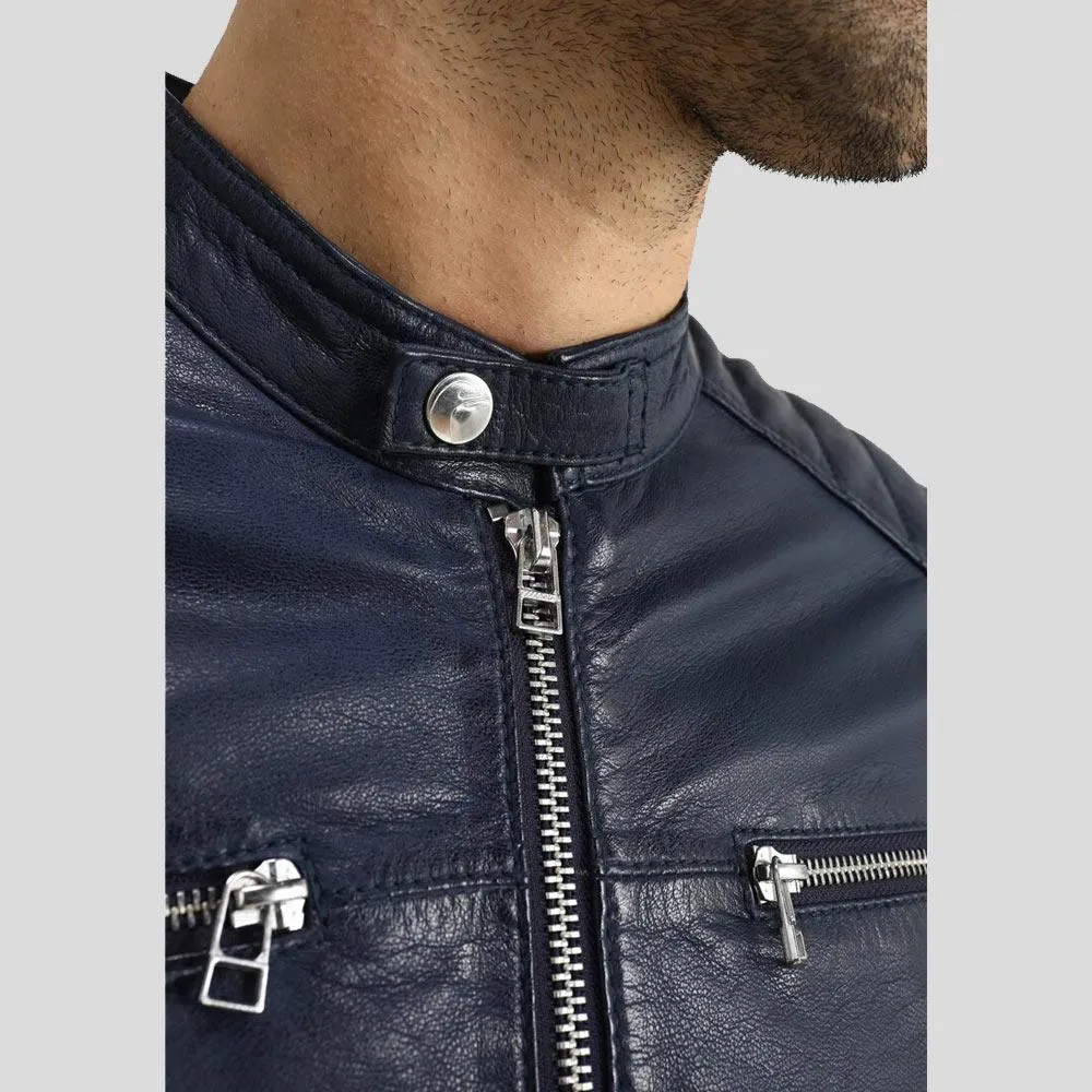 Olin Blue Biker Leather Jacket