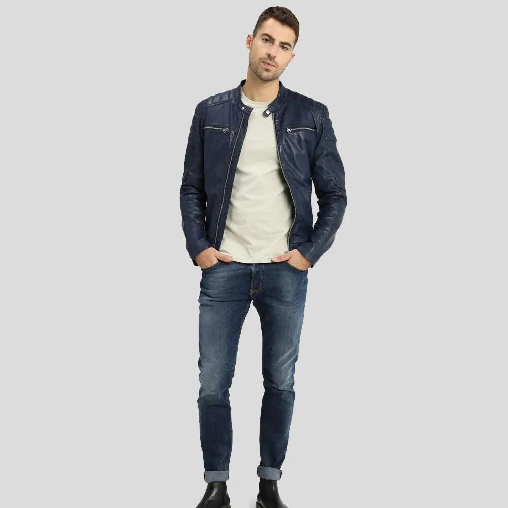 Olin Blue Biker Leather Jacket