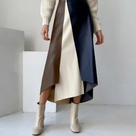 Patchwork Irregular PU Leather Skirts Women Elastic High Waist Female A-line Skirts