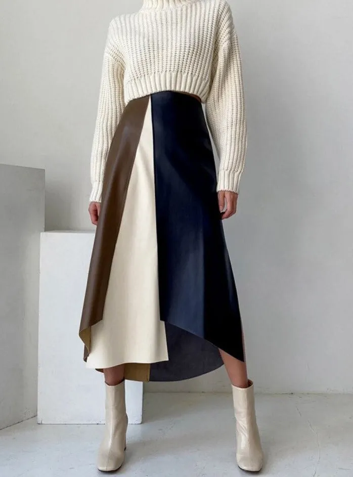 Patchwork Irregular PU Leather Skirts Women Elastic High Waist Female A-line Skirts