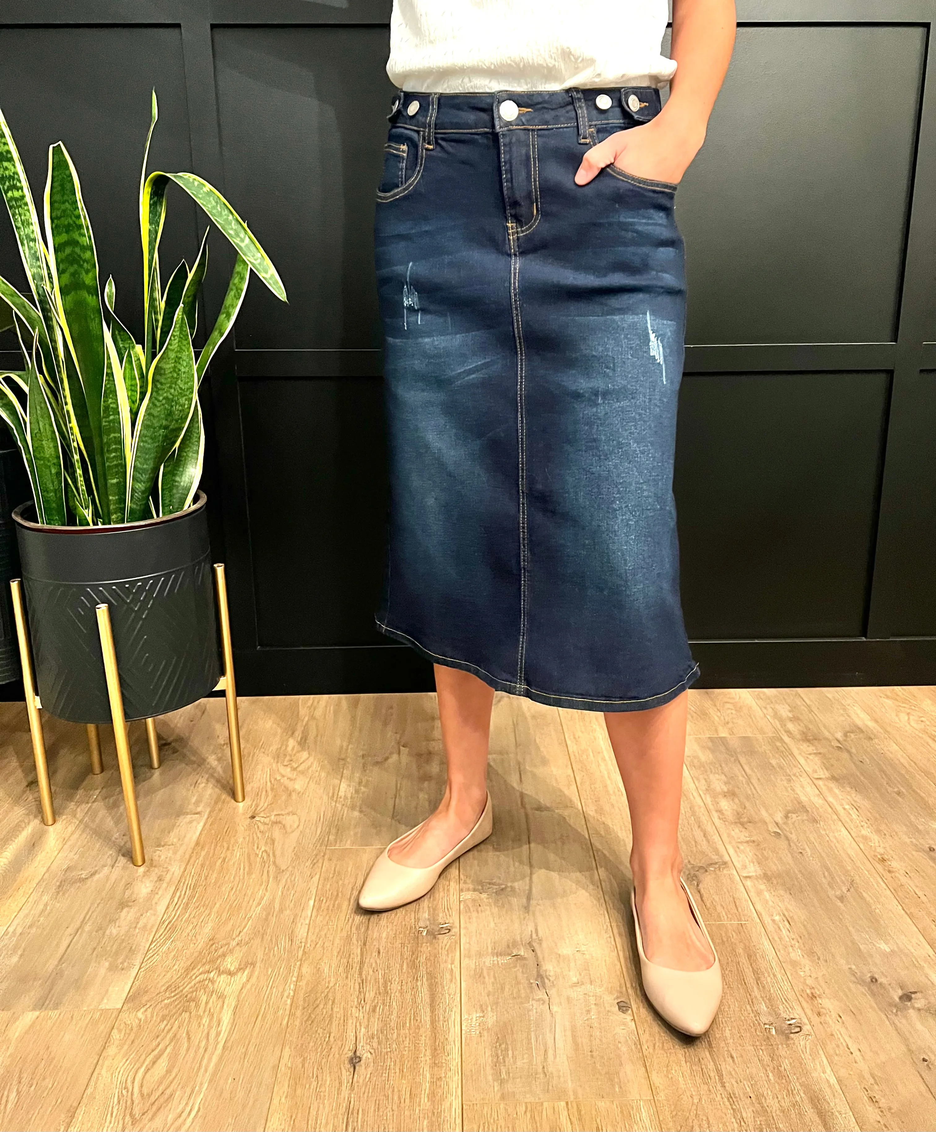 "Lydia" A-Line Denim Skirt in Dark Indigo Wash