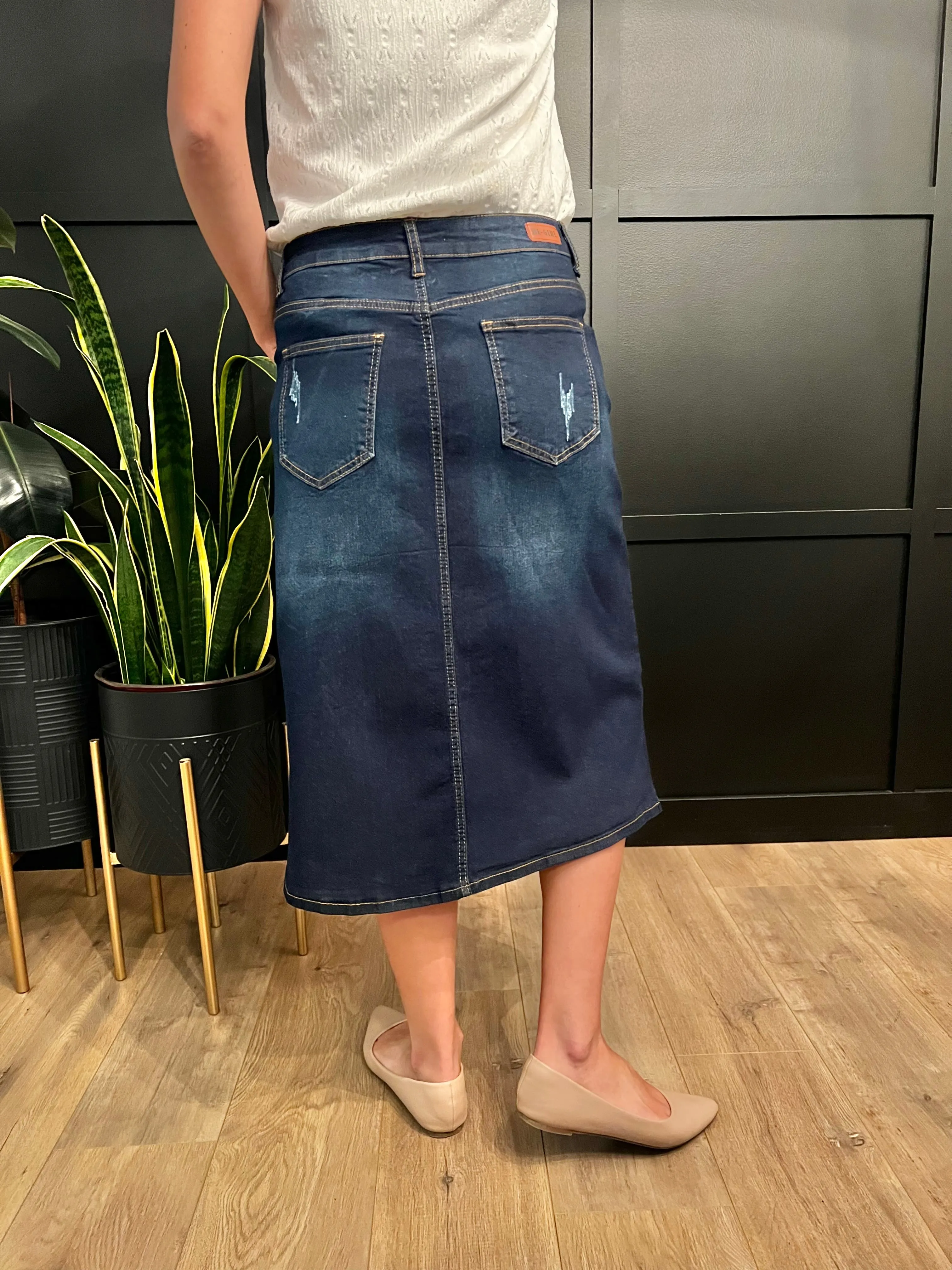 "Lydia" A-Line Denim Skirt in Dark Indigo Wash