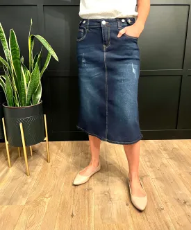 "Lydia" A-Line Denim Skirt in Dark Indigo Wash