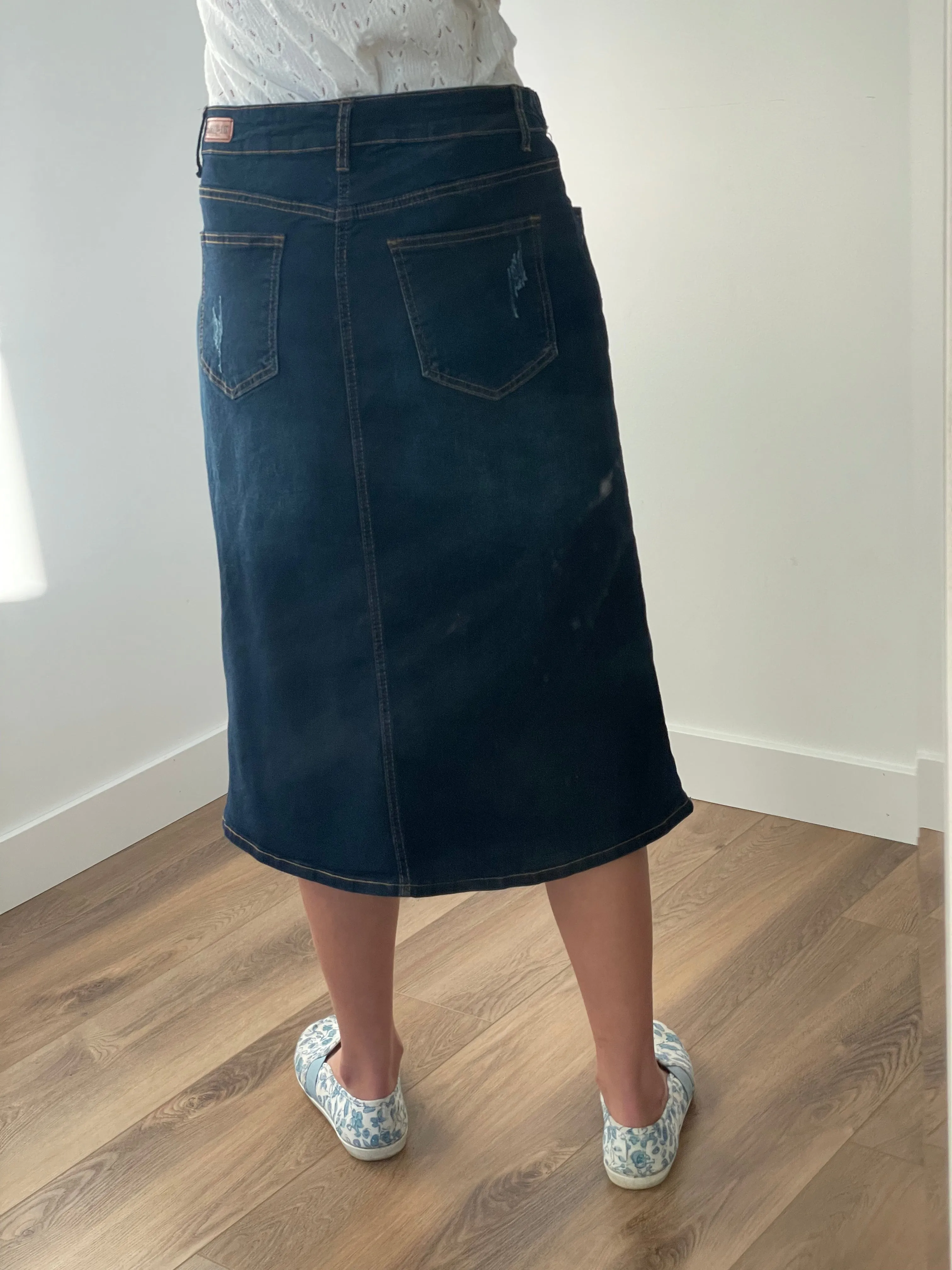"Lydia" A-Line Denim Skirt in Dark Indigo Wash