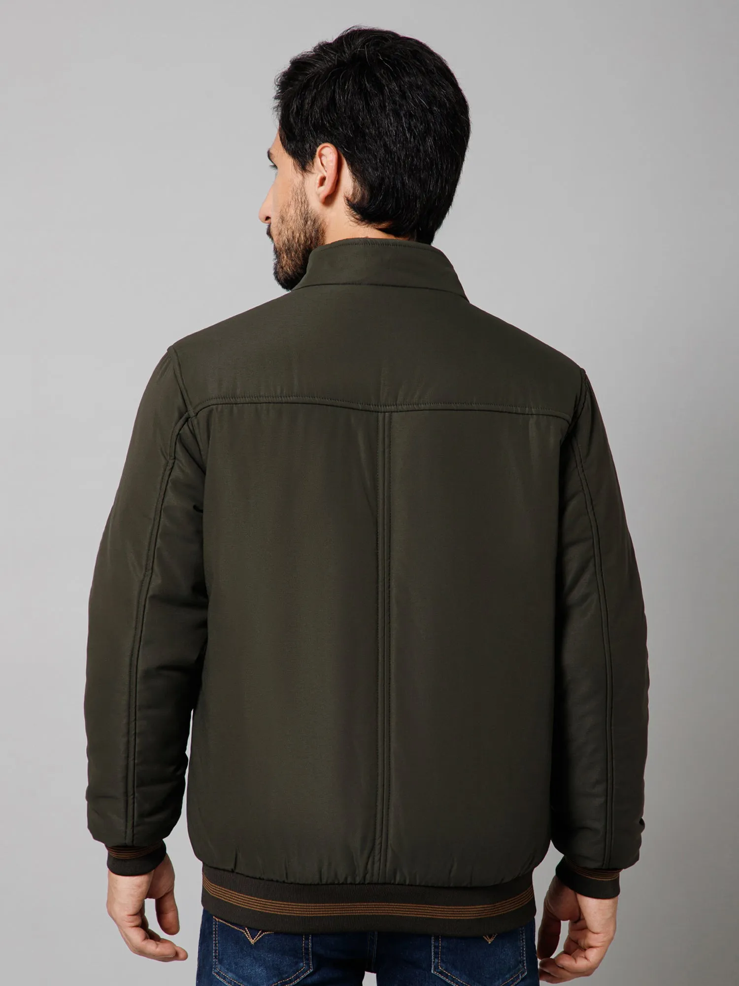 Solid Full Sleeves Mock Collar Regular Fit Olive Casual Reversible Jacket For Men
