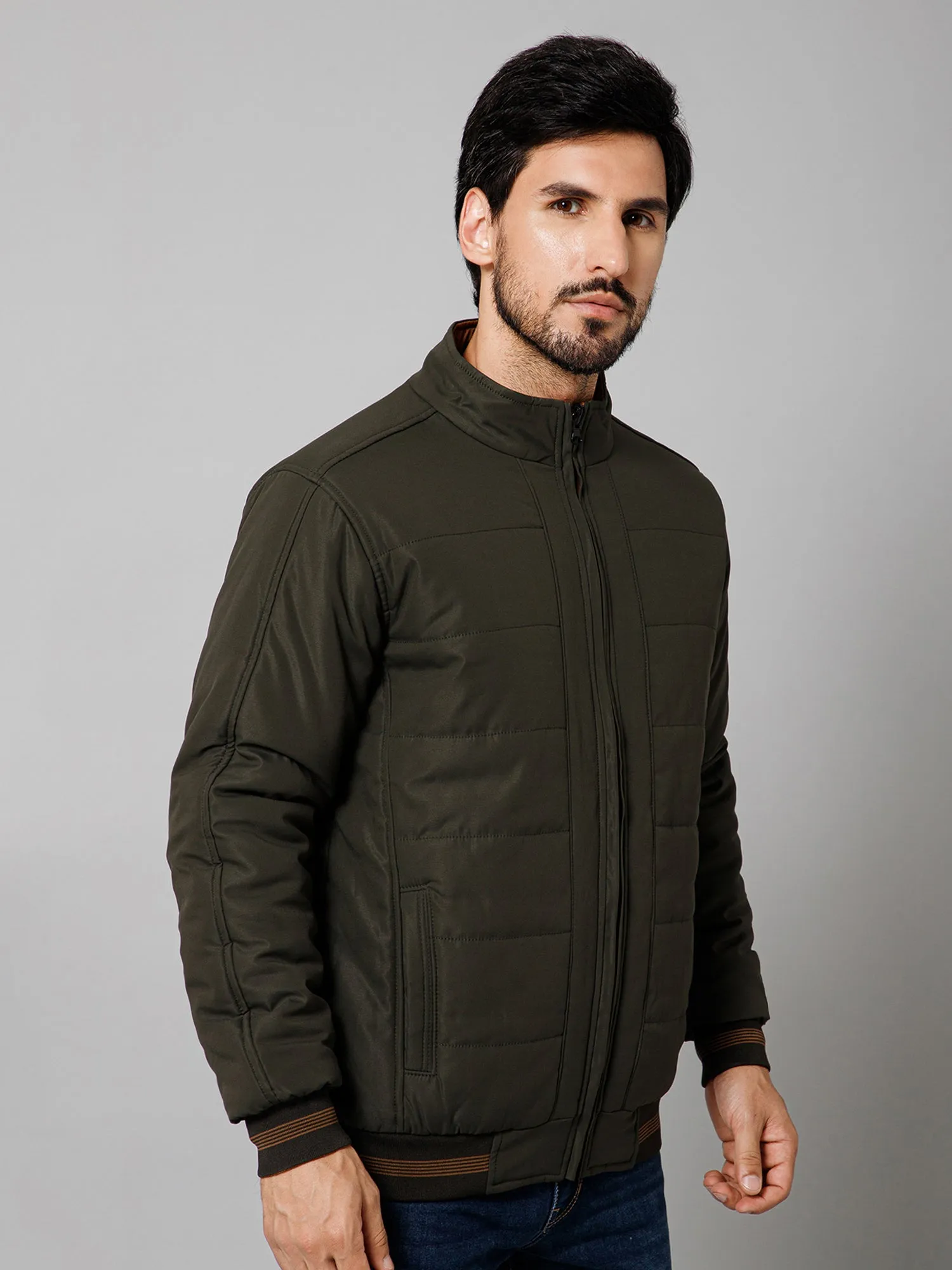 Solid Full Sleeves Mock Collar Regular Fit Olive Casual Reversible Jacket For Men