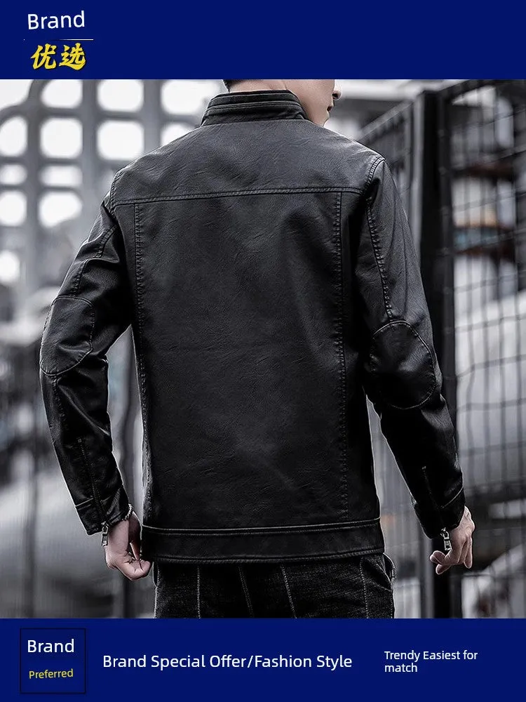 Spring and Autumn Imitation Leather K-style Silm Stand Collar Workwear