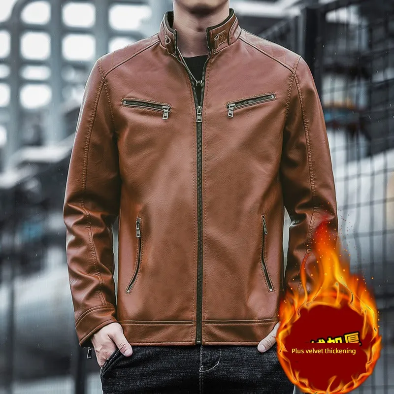 Spring and Autumn Imitation Leather K-style Silm Stand Collar Workwear