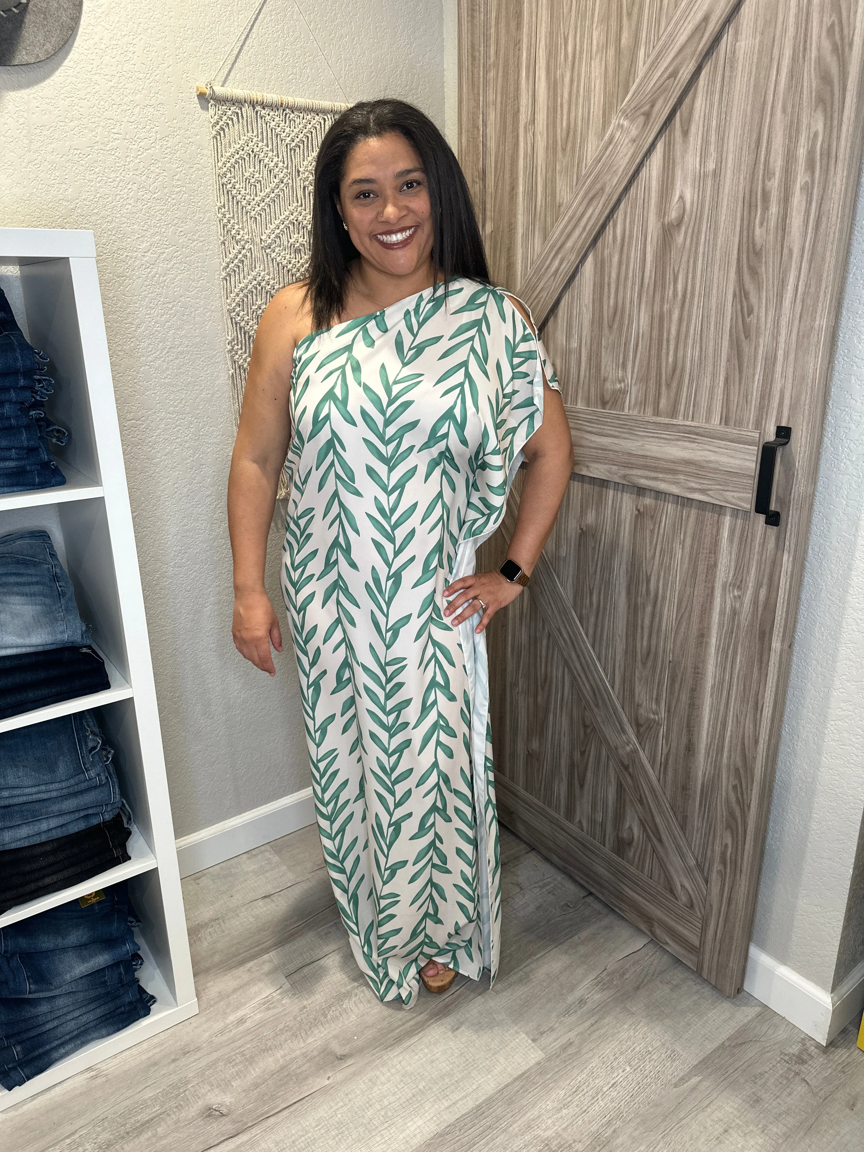 Summer Breeze Leaf Print One Shoulder Maxi Dress