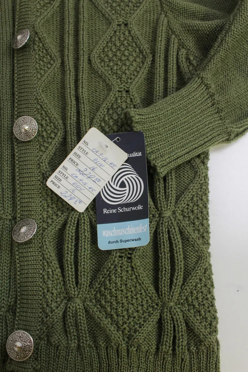 Vintage 1980s Green Wool Austrian Cardigan, Puff Sleeves, Deadstock, Medium