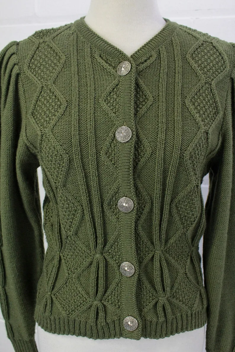 Vintage 1980s Green Wool Austrian Cardigan, Puff Sleeves, Deadstock, Medium