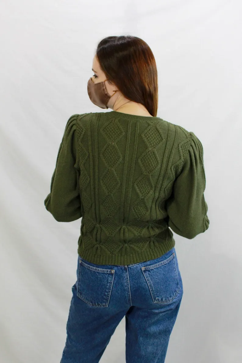 Vintage 1980s Green Wool Austrian Cardigan, Puff Sleeves, Deadstock, Medium