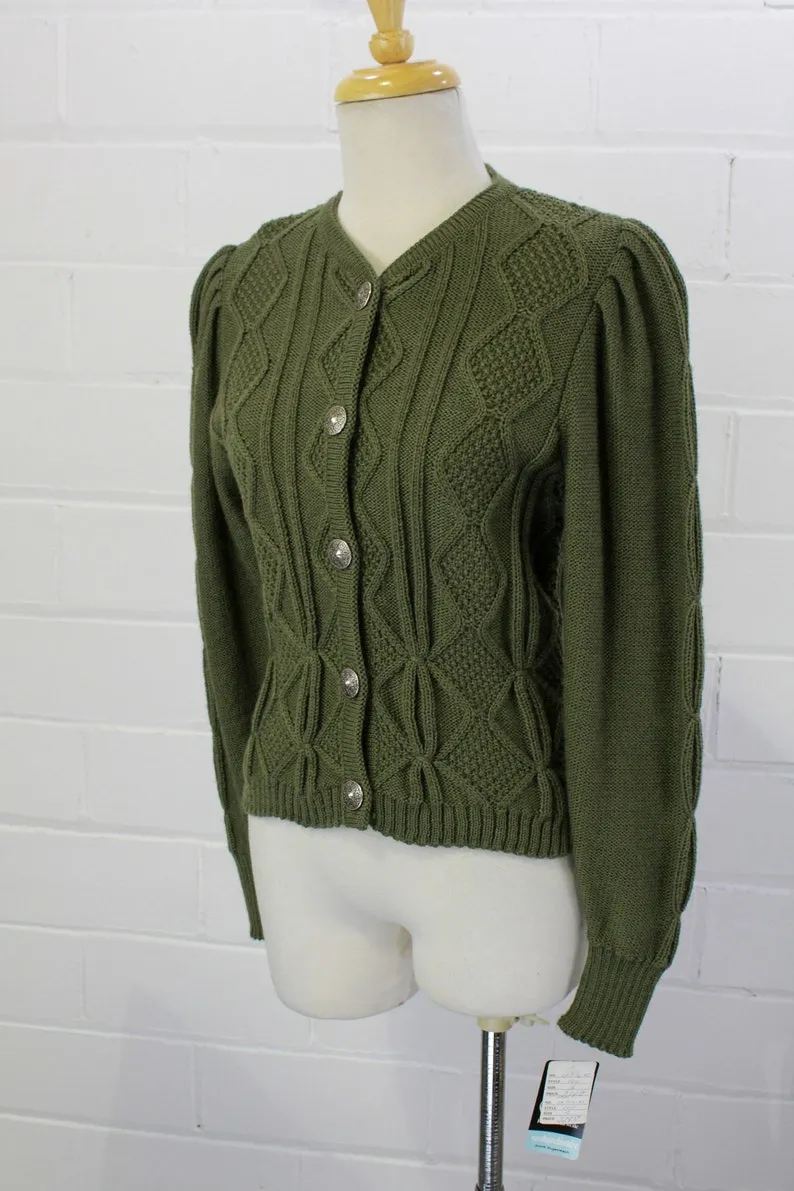Vintage 1980s Green Wool Austrian Cardigan, Puff Sleeves, Deadstock, Medium