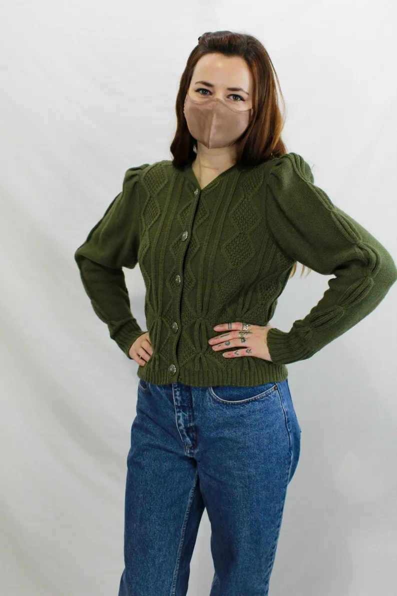Vintage 1980s Green Wool Austrian Cardigan, Puff Sleeves, Deadstock, Medium