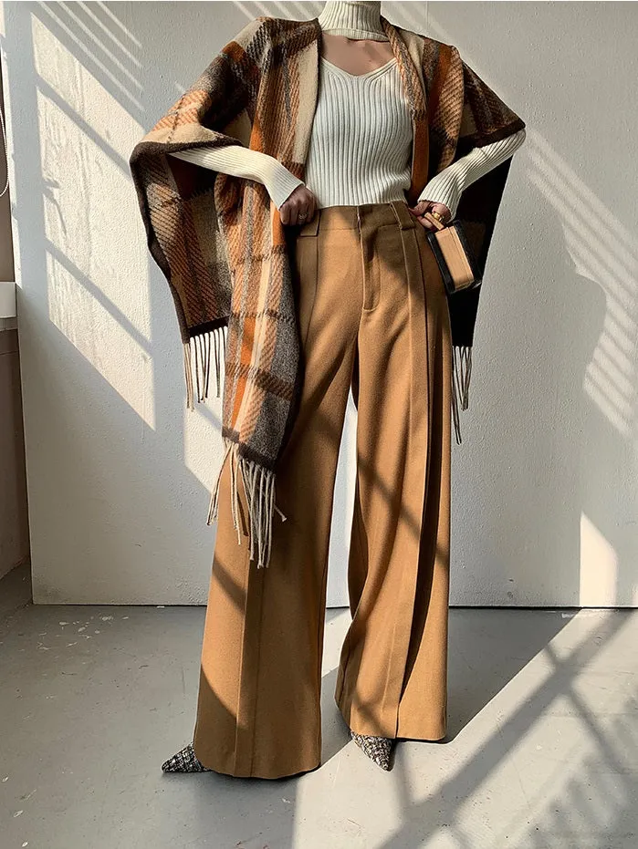 WANXO camel high waist drooping casual pants new straight loose wide leg pants- Tela