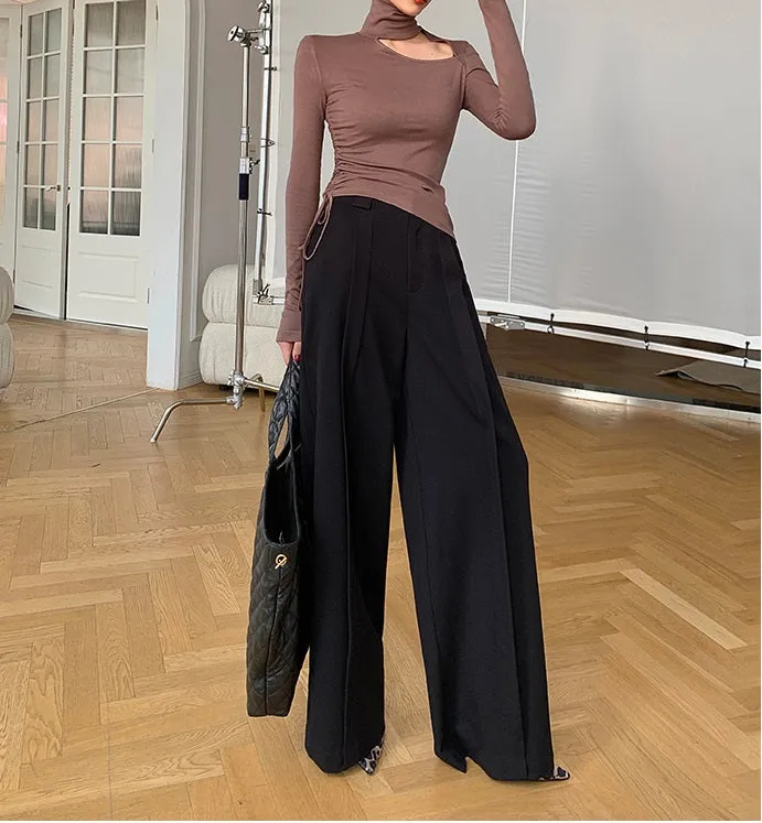 WANXO camel high waist drooping casual pants new straight loose wide leg pants- Tela