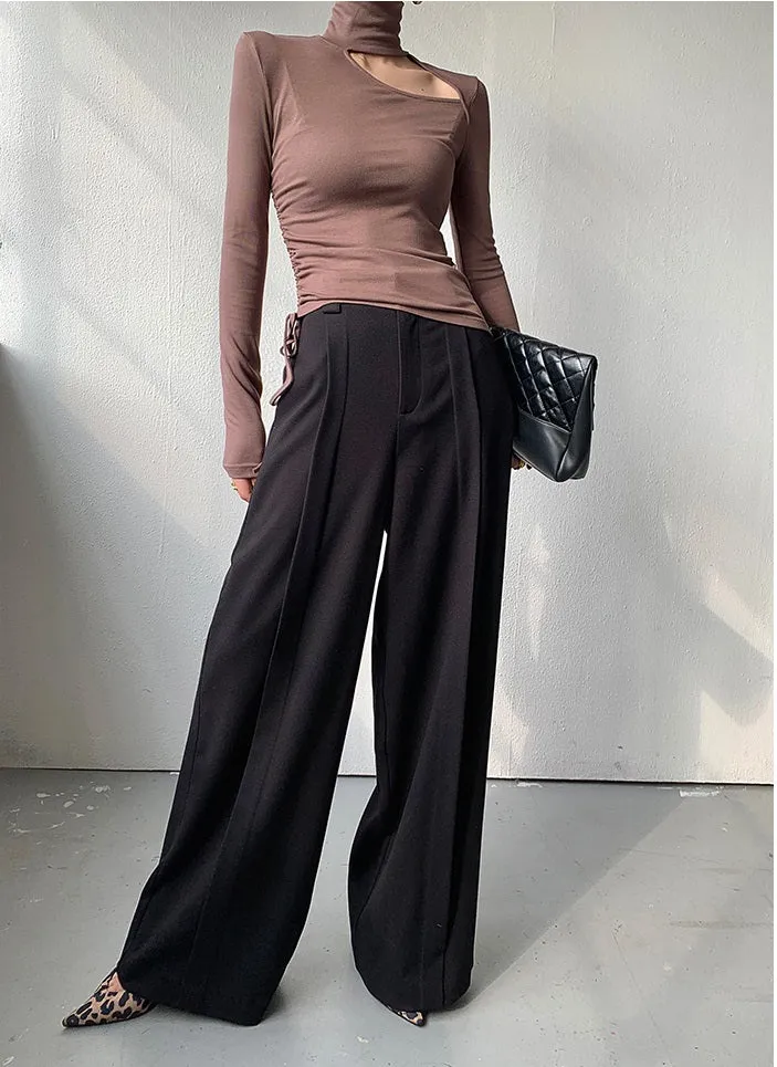 WANXO camel high waist drooping casual pants new straight loose wide leg pants- Tela