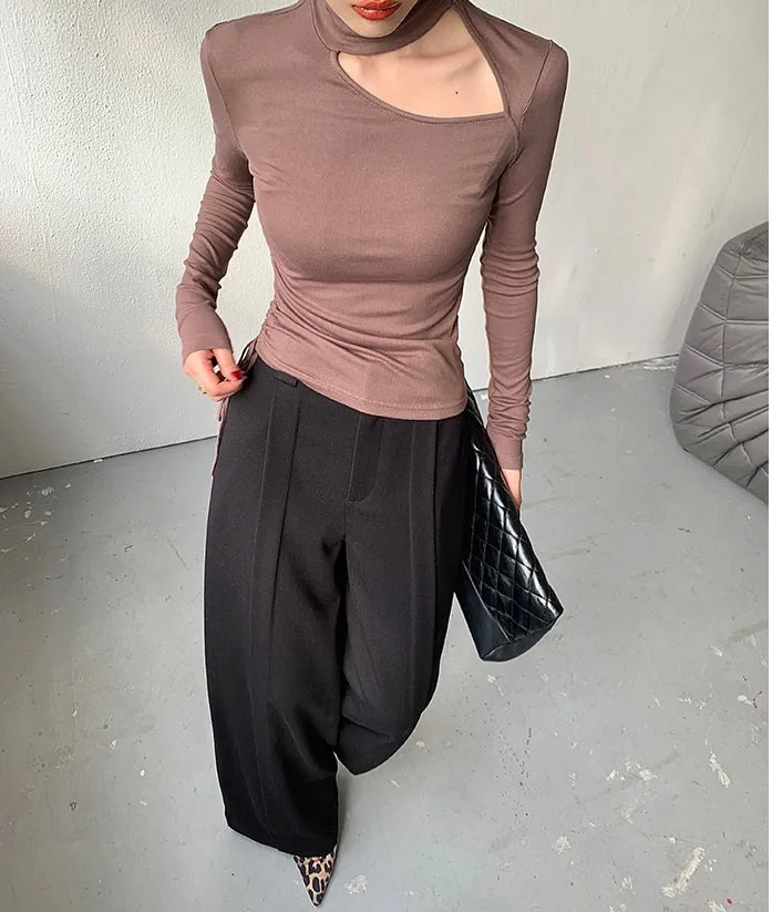 WANXO camel high waist drooping casual pants new straight loose wide leg pants- Tela