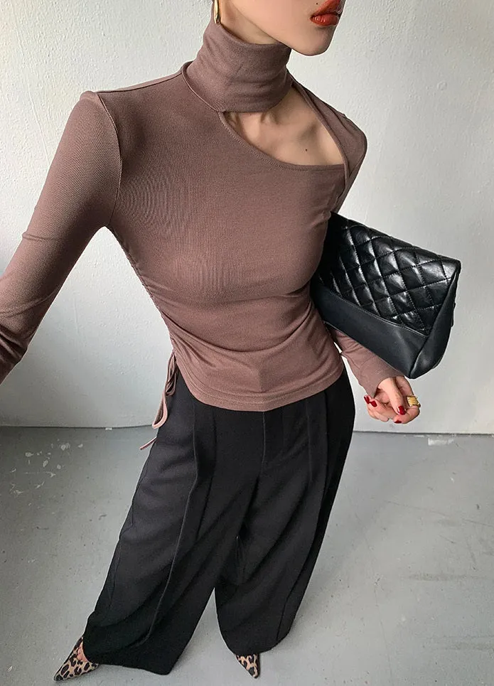 WANXO camel high waist drooping casual pants new straight loose wide leg pants- Tela