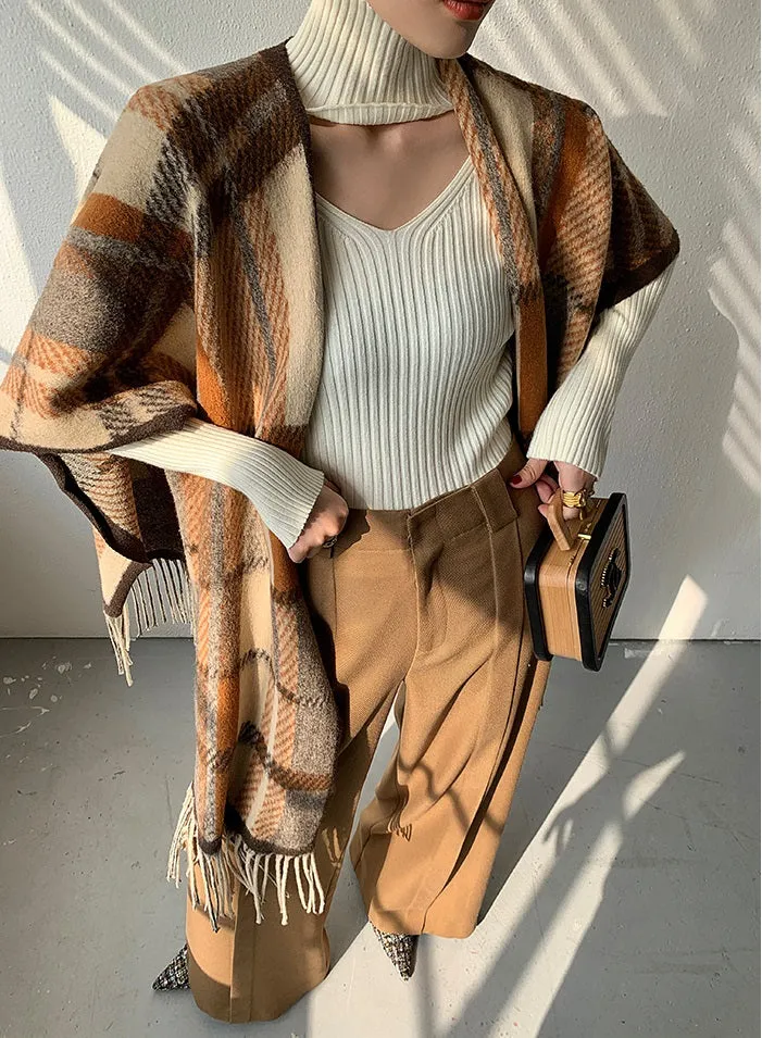 WANXO camel high waist drooping casual pants new straight loose wide leg pants- Tela