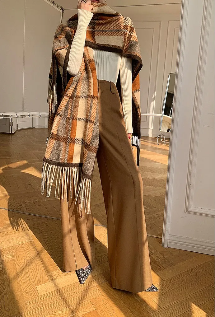 WANXO camel high waist drooping casual pants new straight loose wide leg pants- Tela