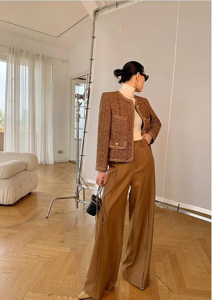 WANXO camel high waist drooping casual pants new straight loose wide leg pants- Tela