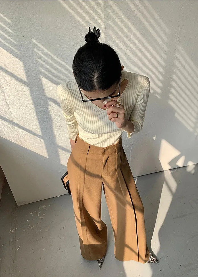 WANXO camel high waist drooping casual pants new straight loose wide leg pants- Tela