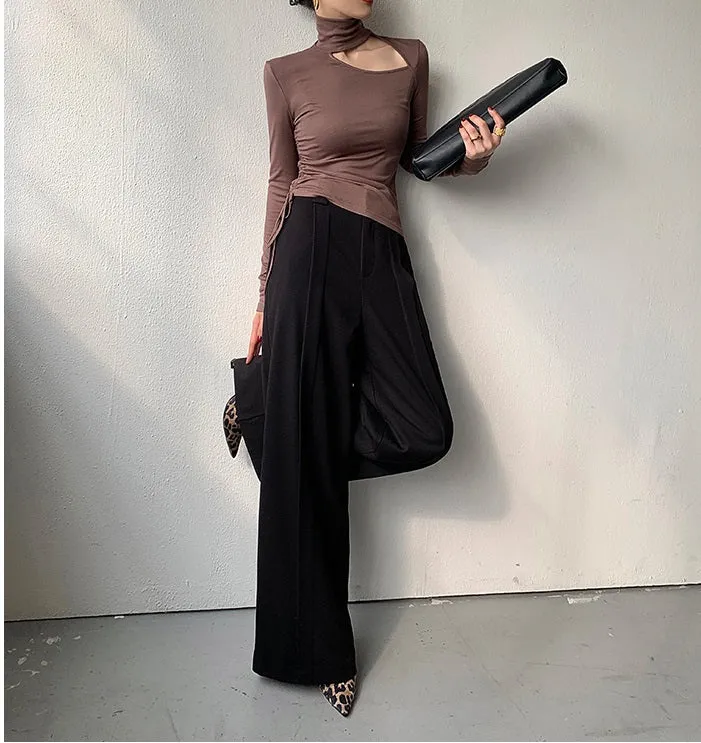 WANXO camel high waist drooping casual pants new straight loose wide leg pants- Tela