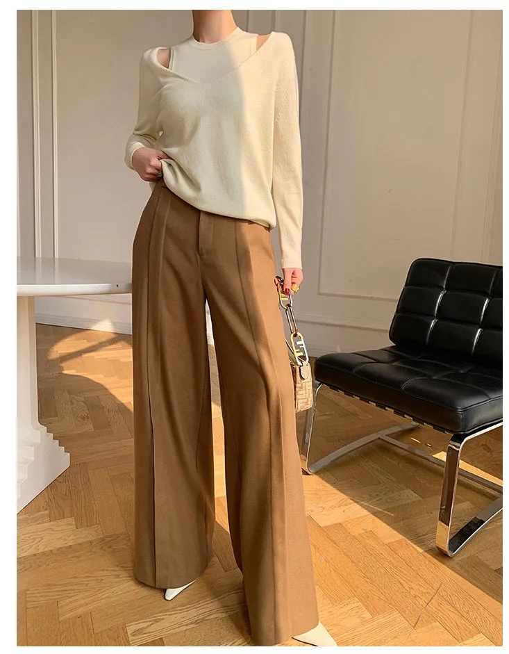 WANXO camel high waist drooping casual pants new straight loose wide leg pants- Tela