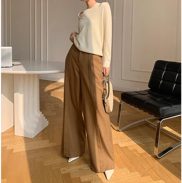 WANXO camel high waist drooping casual pants new straight loose wide leg pants- Tela