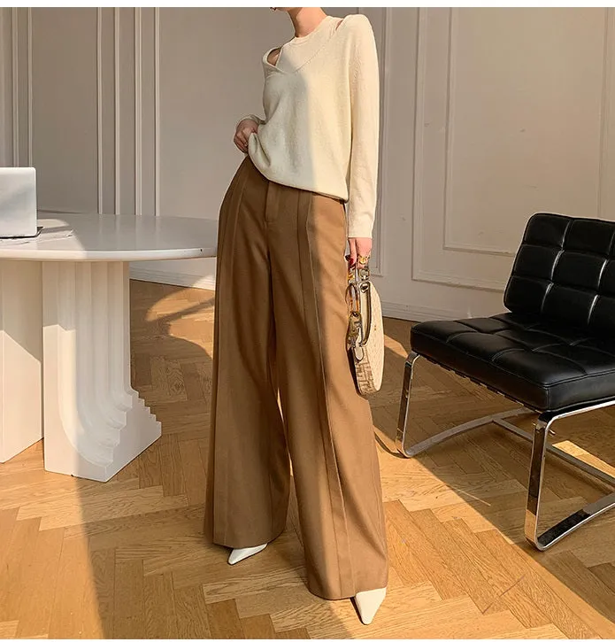WANXO camel high waist drooping casual pants new straight loose wide leg pants- Tela