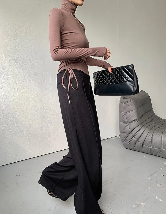WANXO camel high waist drooping casual pants new straight loose wide leg pants- Tela