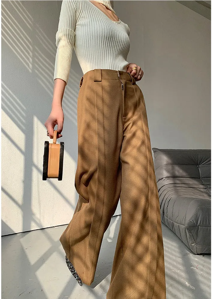 WANXO camel high waist drooping casual pants new straight loose wide leg pants- Tela