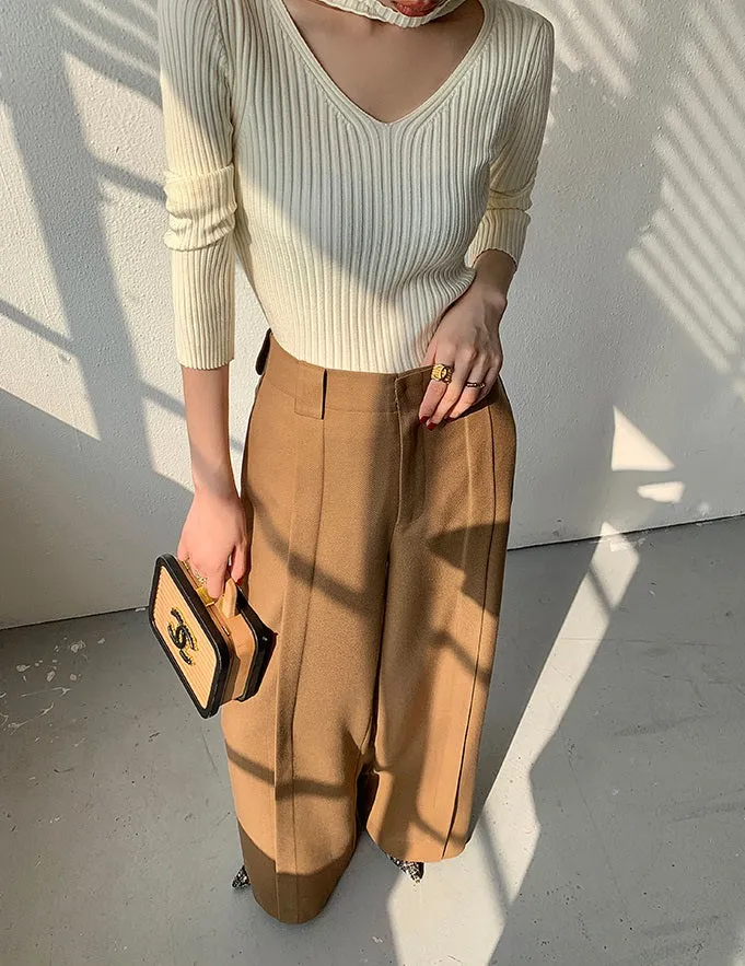 WANXO camel high waist drooping casual pants new straight loose wide leg pants- Tela