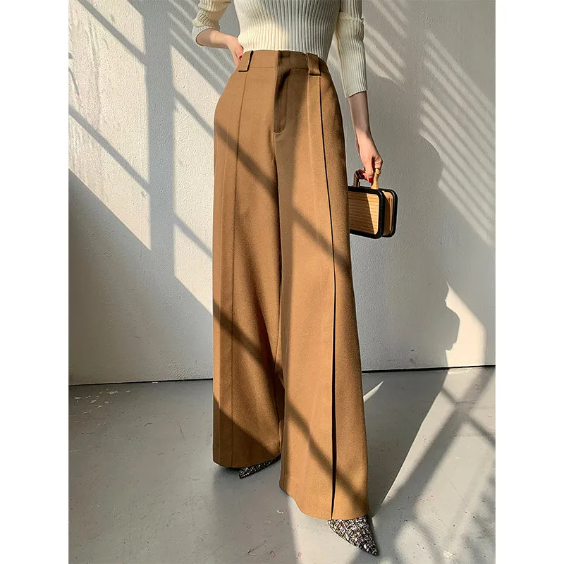 WANXO camel high waist drooping casual pants new straight loose wide leg pants- Tela