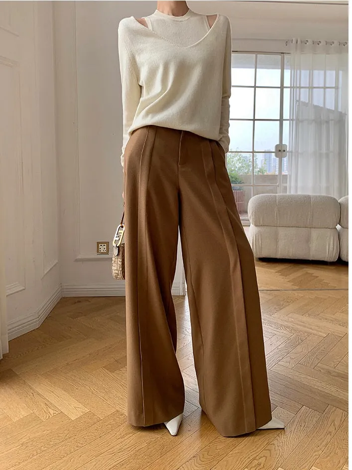WANXO camel high waist drooping casual pants new straight loose wide leg pants- Tela