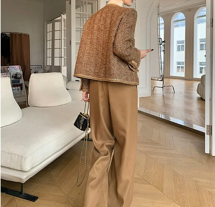 WANXO camel high waist drooping casual pants new straight loose wide leg pants- Tela