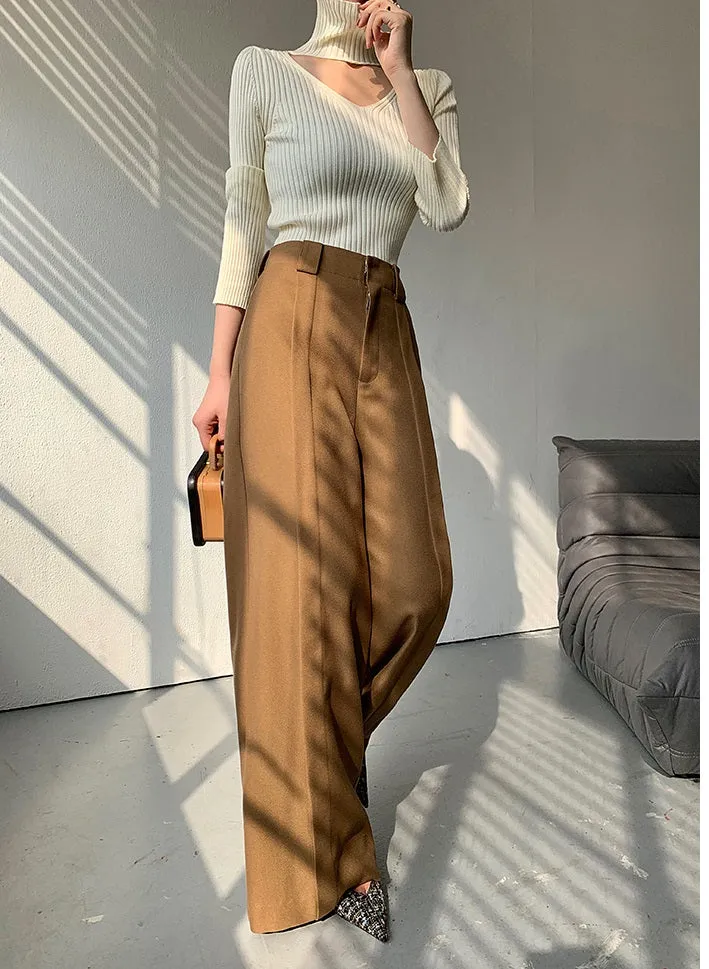 WANXO camel high waist drooping casual pants new straight loose wide leg pants- Tela