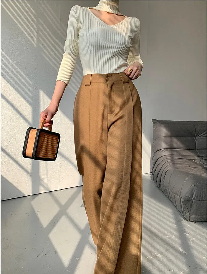 WANXO camel high waist drooping casual pants new straight loose wide leg pants- Tela