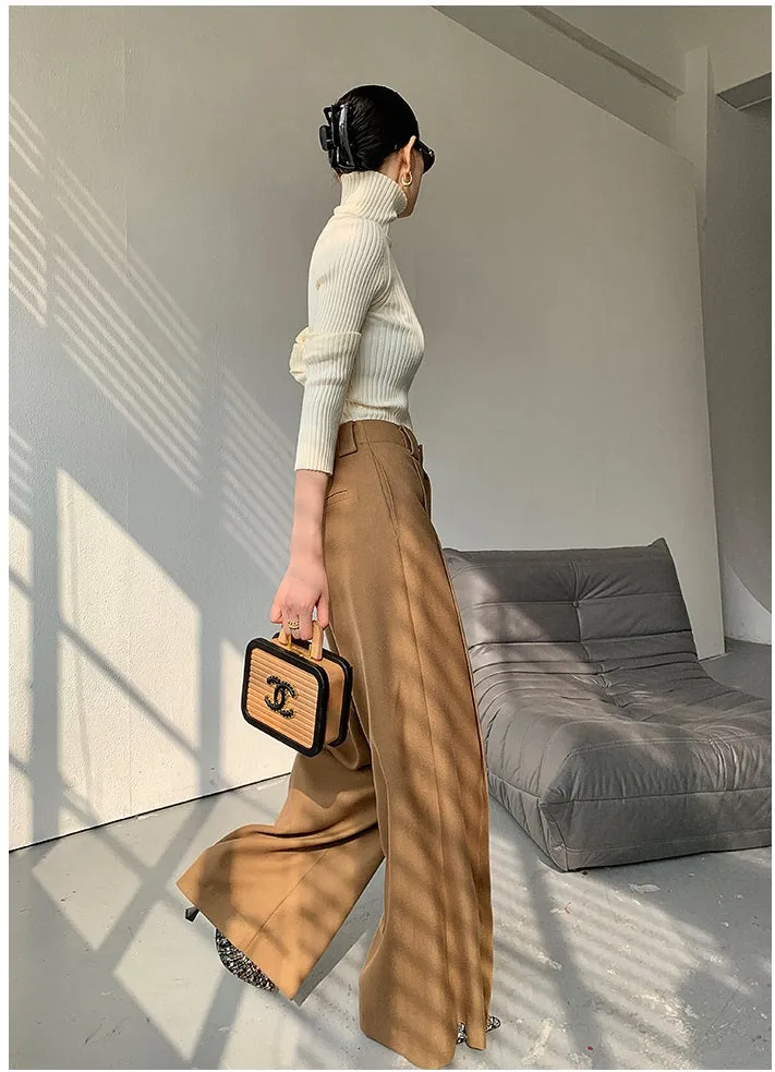 WANXO camel high waist drooping casual pants new straight loose wide leg pants- Tela