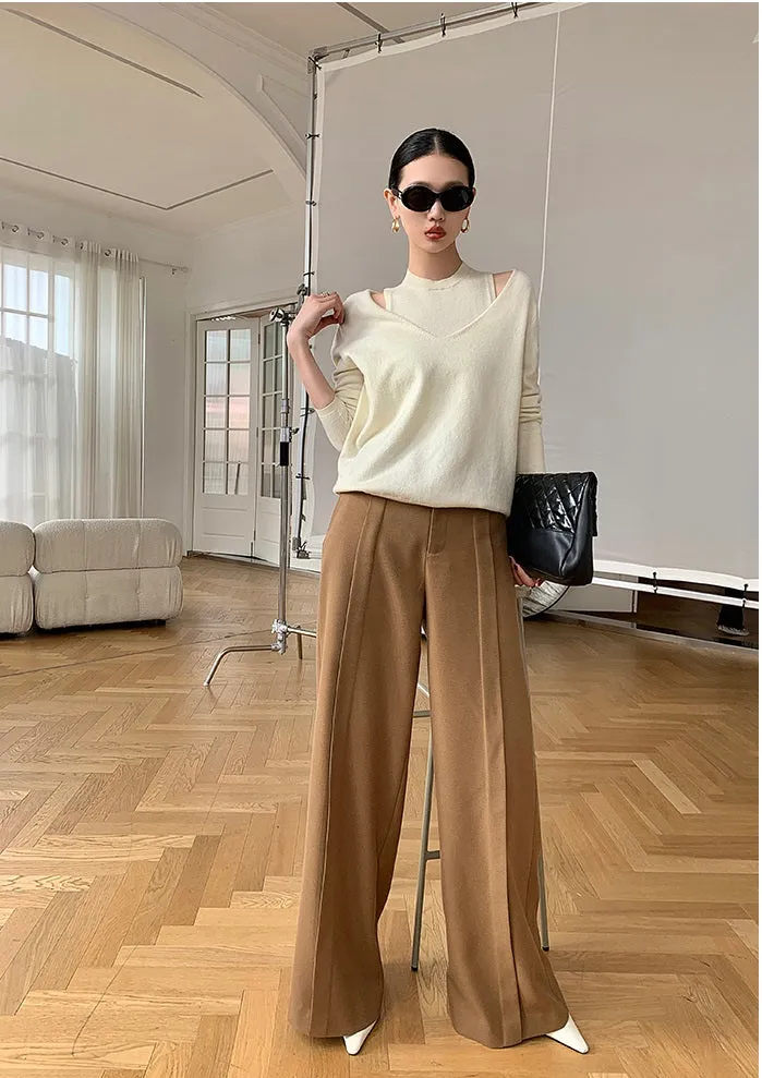 WANXO camel high waist drooping casual pants new straight loose wide leg pants- Tela