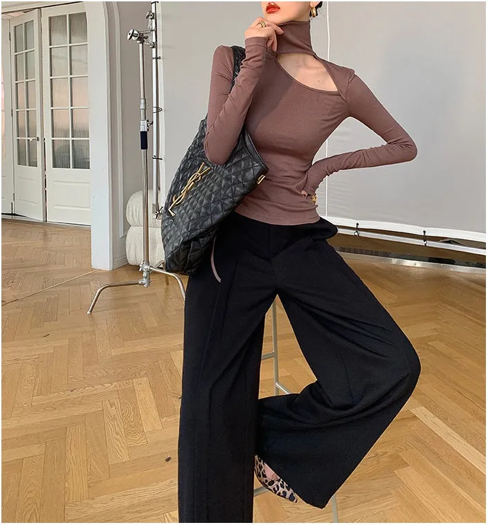 WANXO camel high waist drooping casual pants new straight loose wide leg pants- Tela
