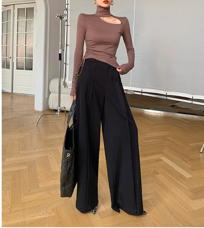 WANXO camel high waist drooping casual pants new straight loose wide leg pants- Tela