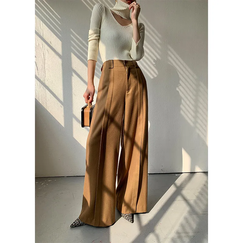 WANXO camel high waist drooping casual pants new straight loose wide leg pants- Tela