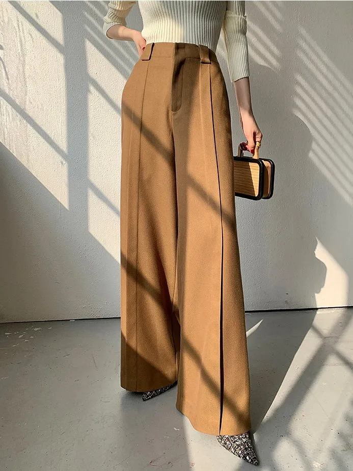 WANXO camel high waist drooping casual pants new straight loose wide leg pants- Tela