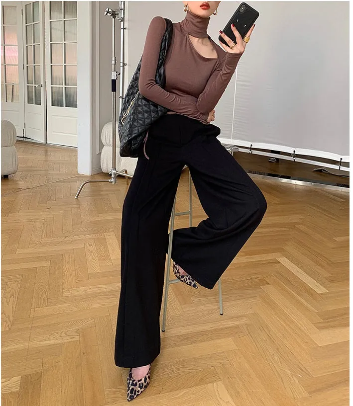 WANXO camel high waist drooping casual pants new straight loose wide leg pants- Tela