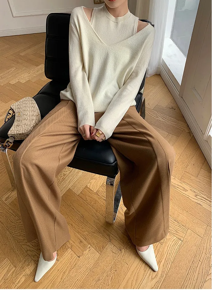 WANXO camel high waist drooping casual pants new straight loose wide leg pants- Tela